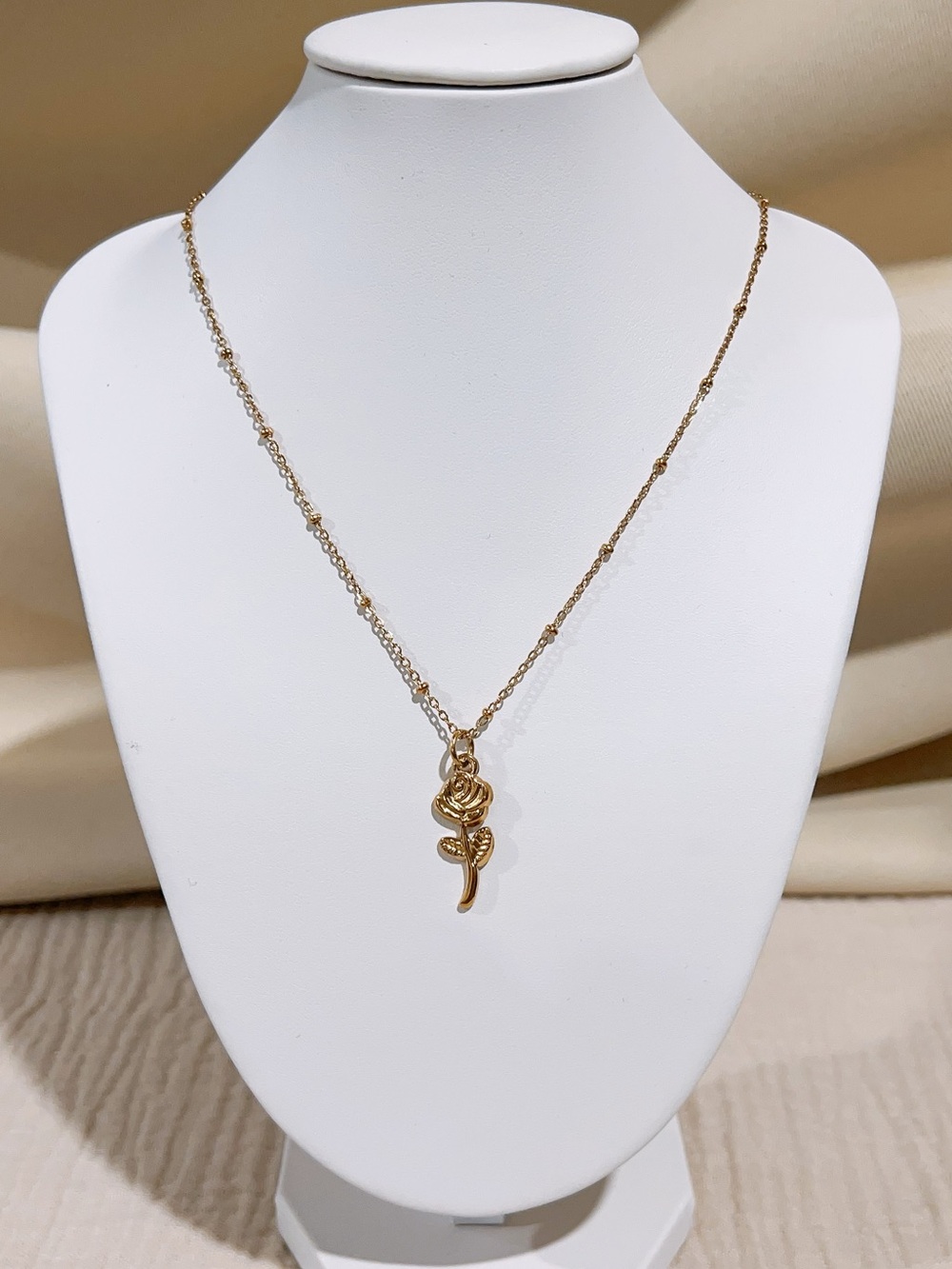 Gold Rose Pendant Necklace with Beaded Chain - Elegant Women’s Jewelry